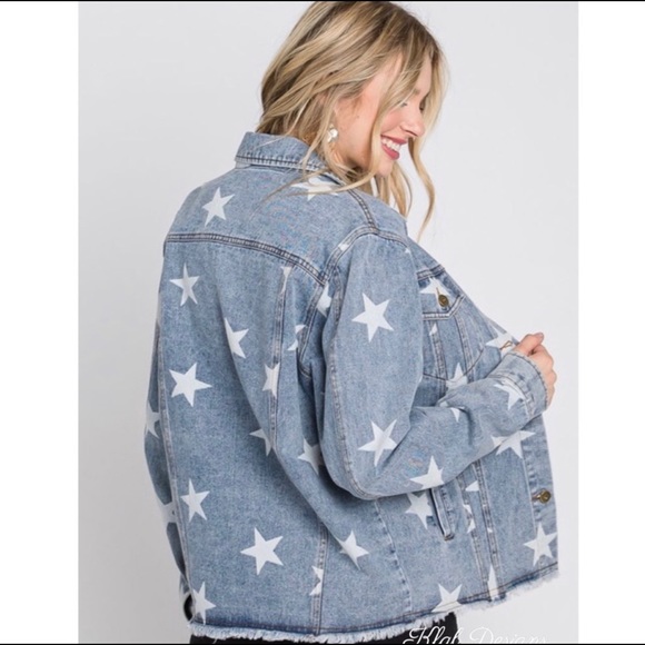 New! Sale 🎉Fabulous Star Print Denim Jean Jacket Button Down With Pockets - Picture 5 of 8